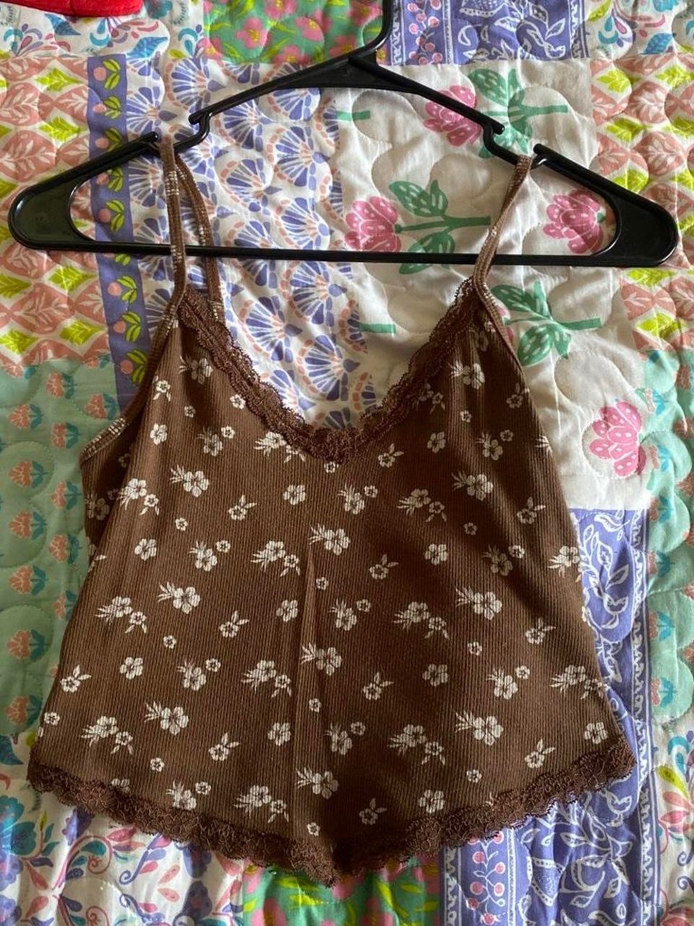 Hollister Brown Floral Lace-Trim Ribbed Camisole